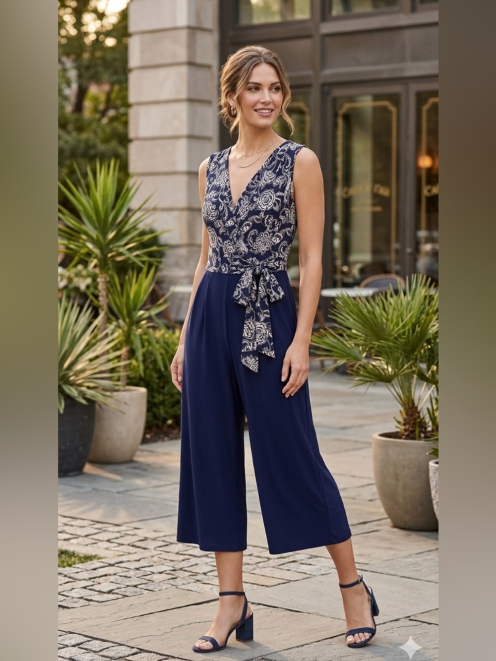 Sleeveless Navy Floral-Print Tie-Waist Cropped Jumpsuit